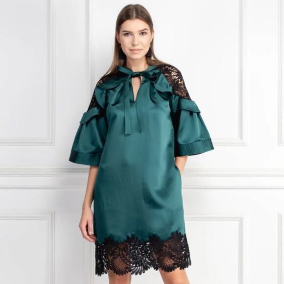 Self-Portrait Lace Trim Satin Shift Dress Green - Picture 1 of 14